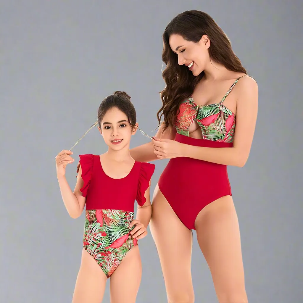 Chic Tropical Ruffle One-Piece Swimsuit - Lush Botanical Print with Elegant Solid Trim for Mother & Child