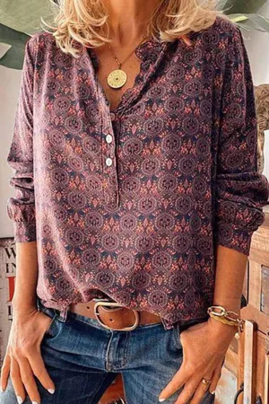 Chicindress Vintage V-Neck Button Print Shirt(3 Colors)