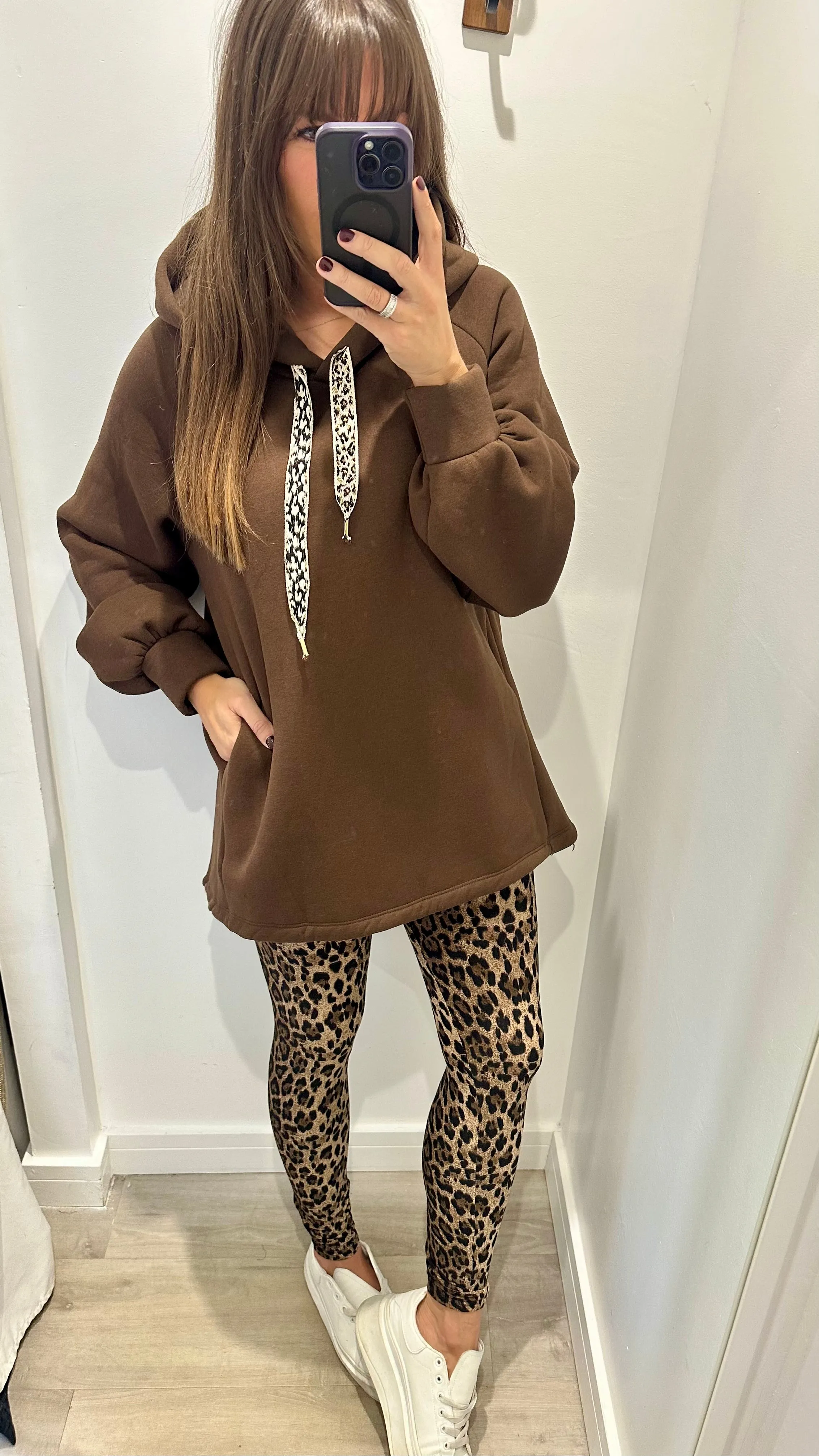 CHOCOLATE LEOPARD DRAWSTRING HOODIE