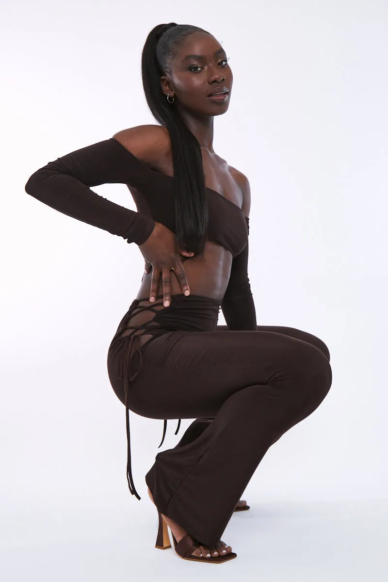 Chocolate Slinky Bardot Crop Top & Lace Up Trouser Set - Shay