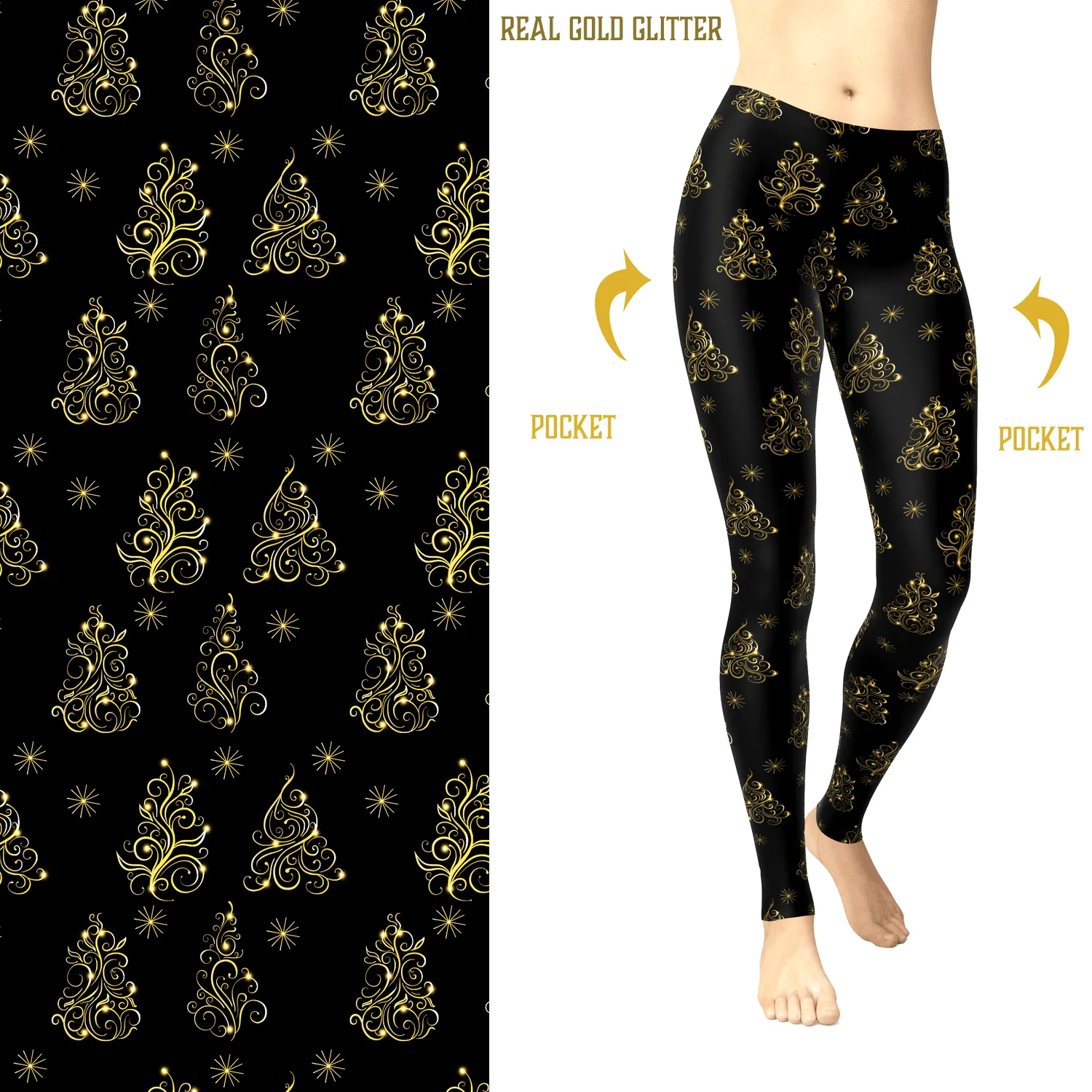 Christmas Glitter Tree Leggings Holiday Trees with Real Glitter and Pockets