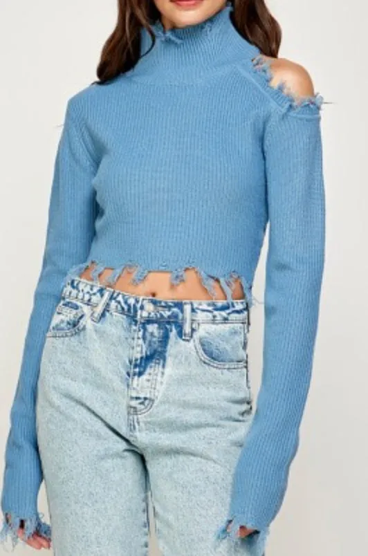 Cold Shoulder Distressed Turtleneck Sweater