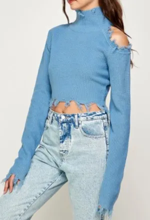 Cold Shoulder Distressed Turtleneck Sweater