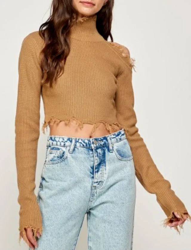 Cold Shoulder Distressed Turtleneck Sweater