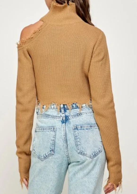Cold Shoulder Distressed Turtleneck Sweater