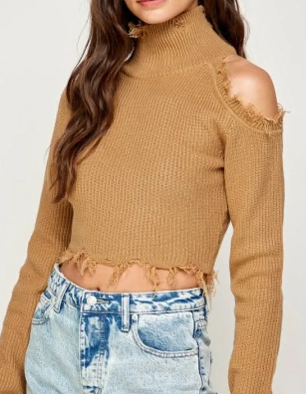 Cold Shoulder Distressed Turtleneck Sweater