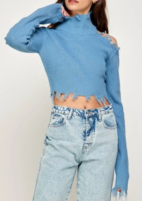 Cold Shoulder Distressed Turtleneck Sweater