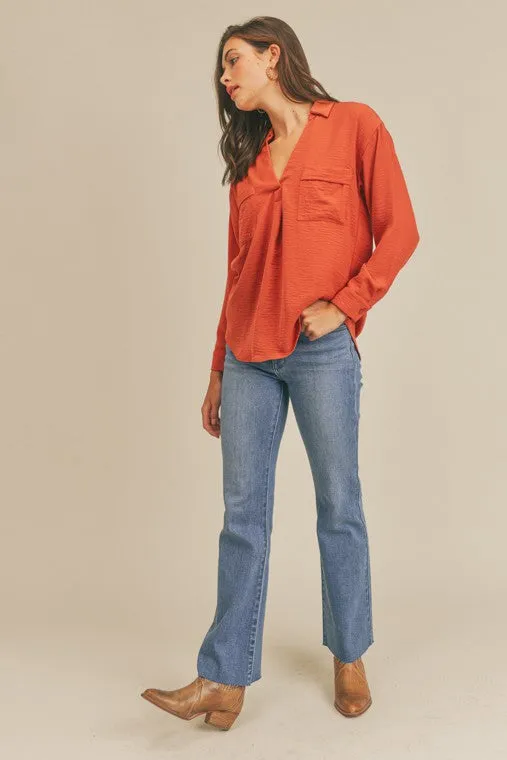 Collared Pocket Shirt -V neckline Top...