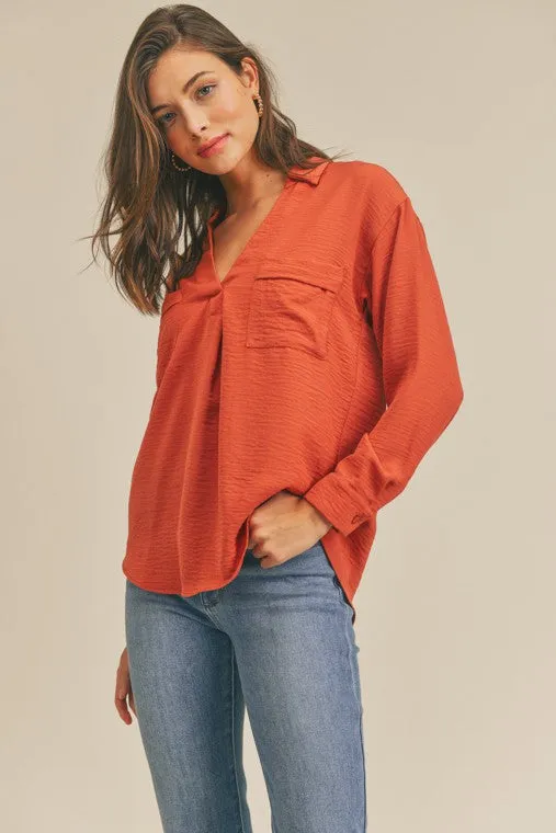Collared Pocket Shirt -V neckline Top...