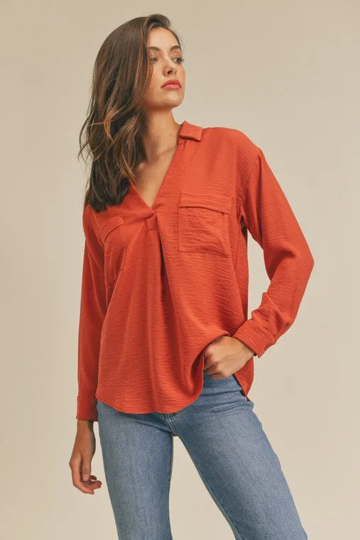 Collared Pocket Shirt -V neckline Top...