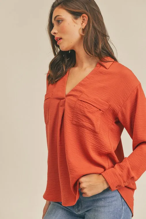 Collared Pocket Shirt -V neckline Top...