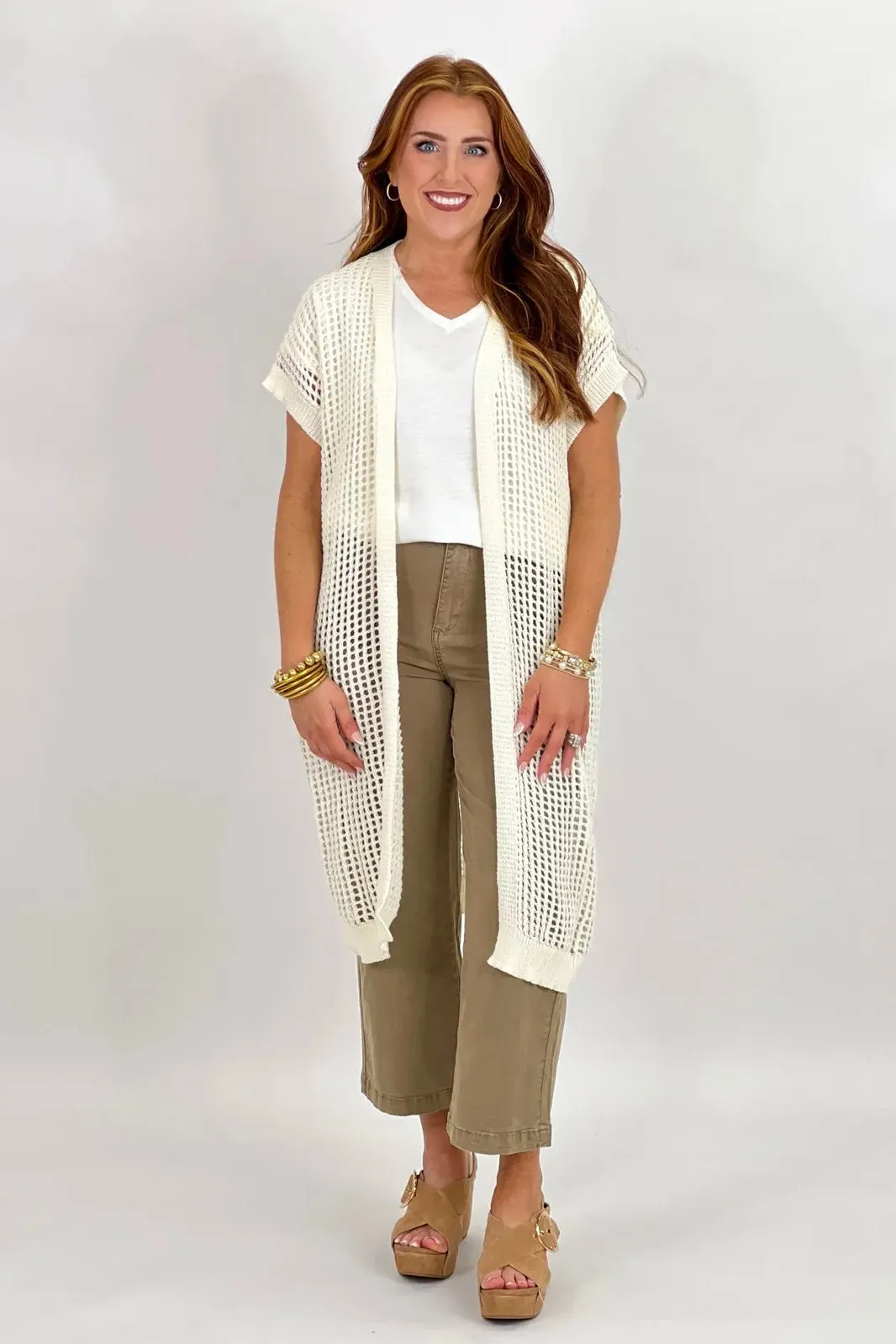 Cream Fishnet Short Sleeve Cardigan