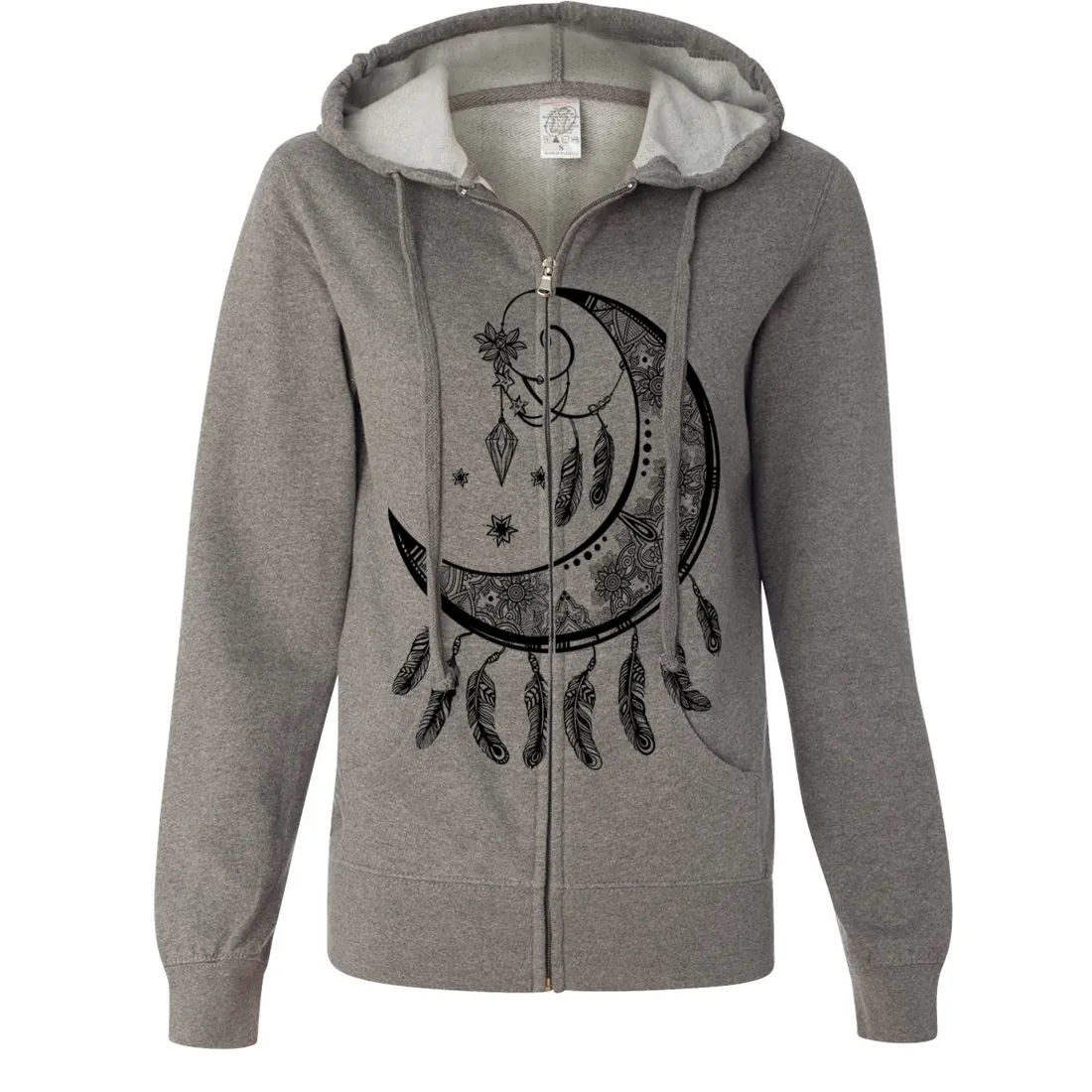 Crescent Moon Dreamcatcher Black Ladies Lightweight Fitted Zip-Up Hoodie
