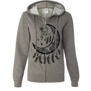 Crescent Moon Dreamcatcher Black Ladies Lightweight Fitted Zip-Up Hoodie