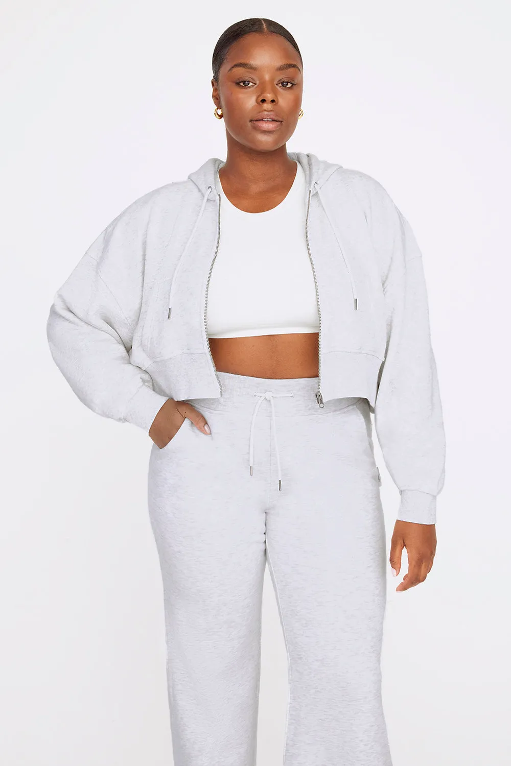 CROPPED ZIP THROUGH HOODIE - GREY MARL
