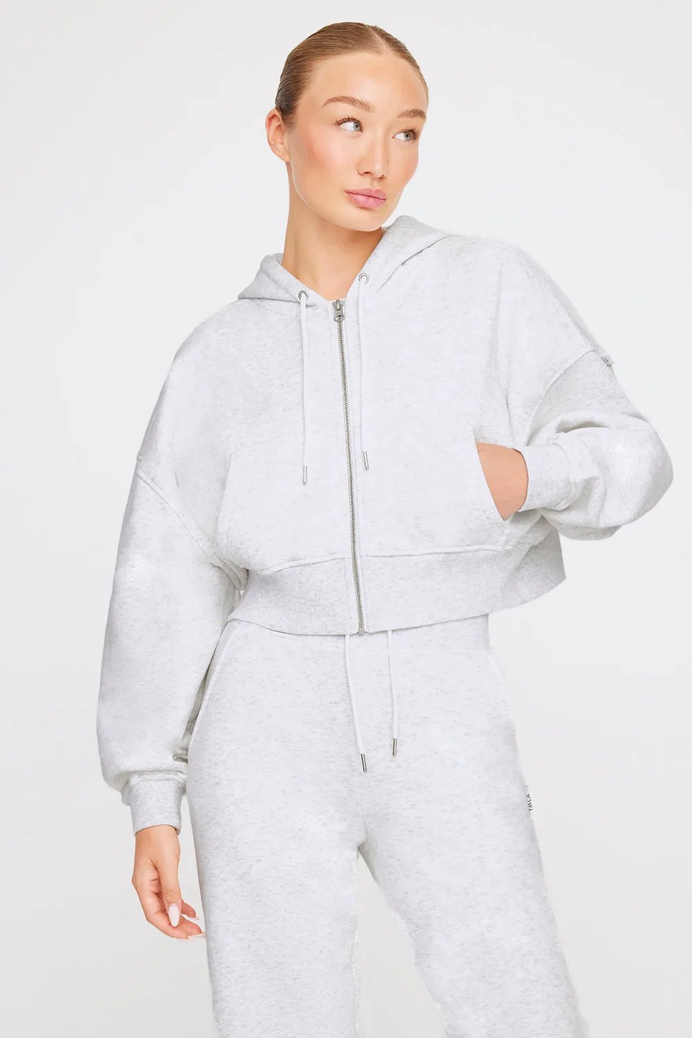 CROPPED ZIP THROUGH HOODIE - GREY MARL