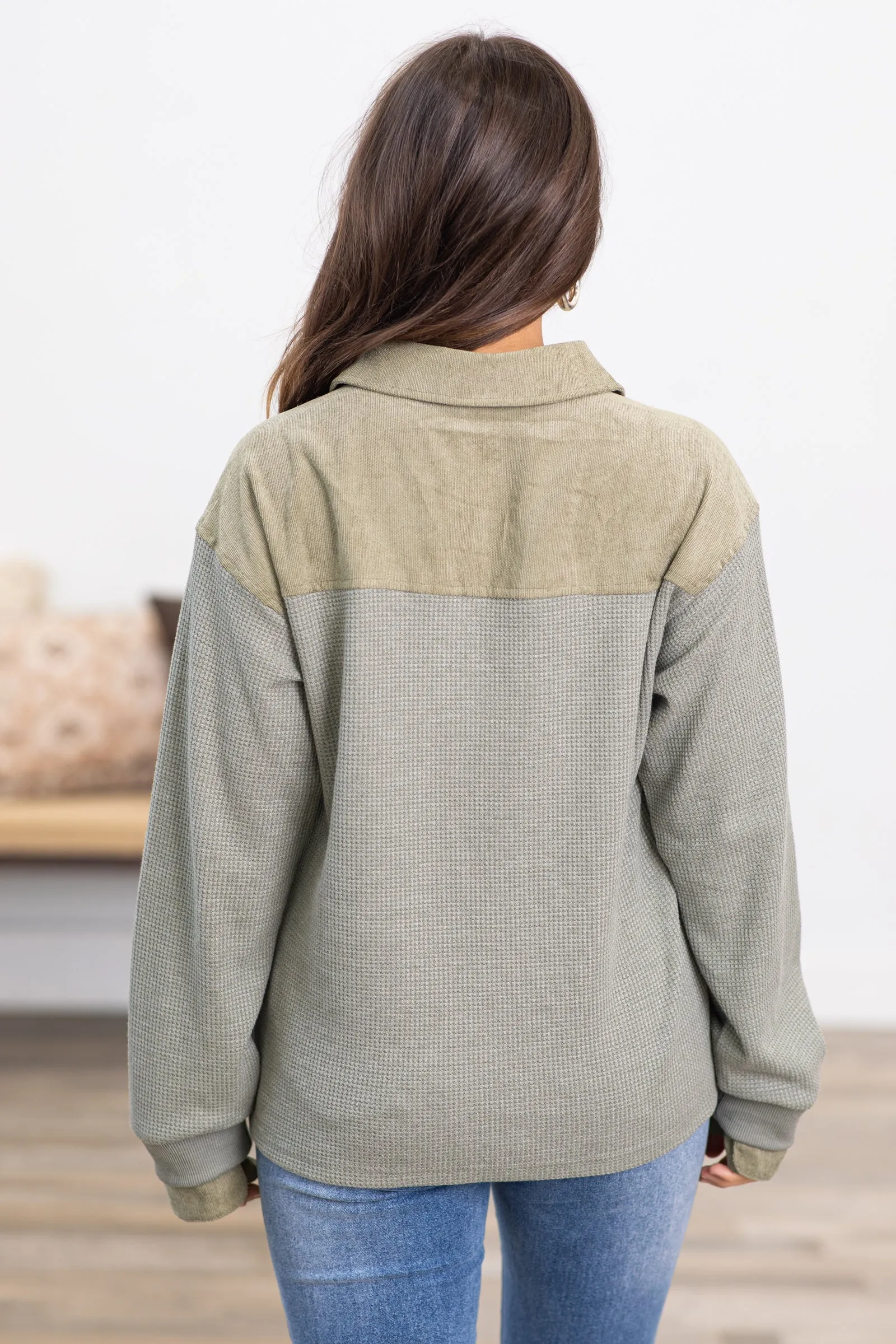 Dark Ash Waffle Knit Top With Corduroy Trim