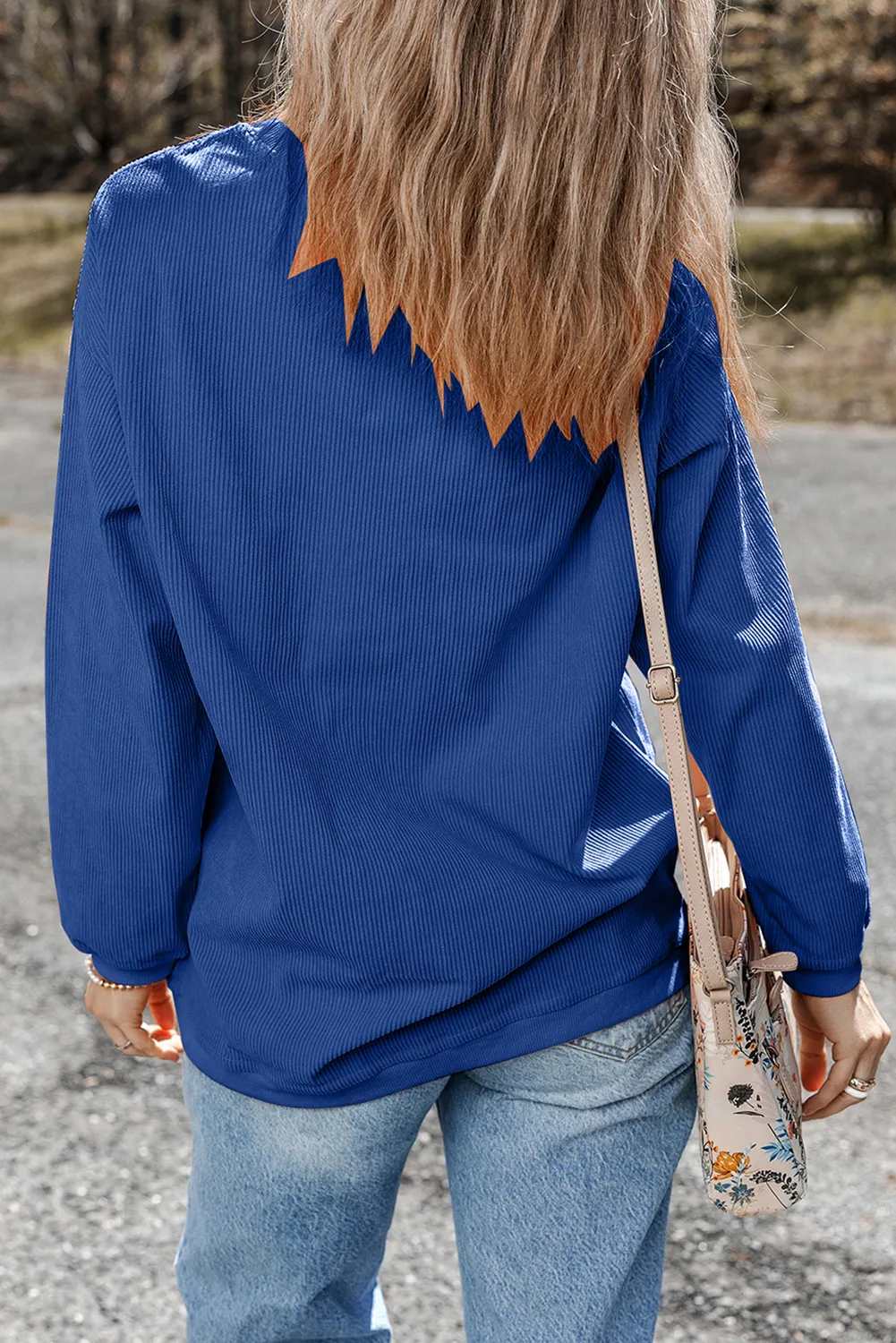 Dark Blue Chenille Checkered Game Day Graphic Drop Shoulder Corded Sweatshirt