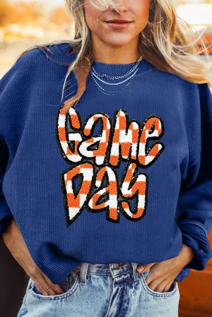 Dark Blue Chenille Checkered Game Day Graphic Drop Shoulder Corded Sweatshirt