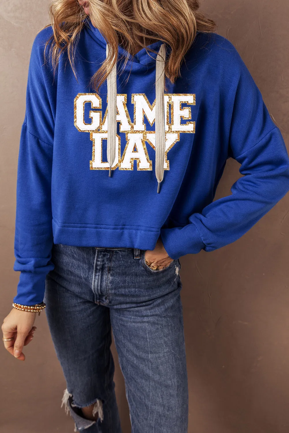 Dark Blue Glittering GAME DAY Patched Cropped Drawstring Hoodie
