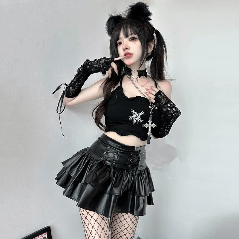 Dark Punk Leather Skirt Suit UB98419