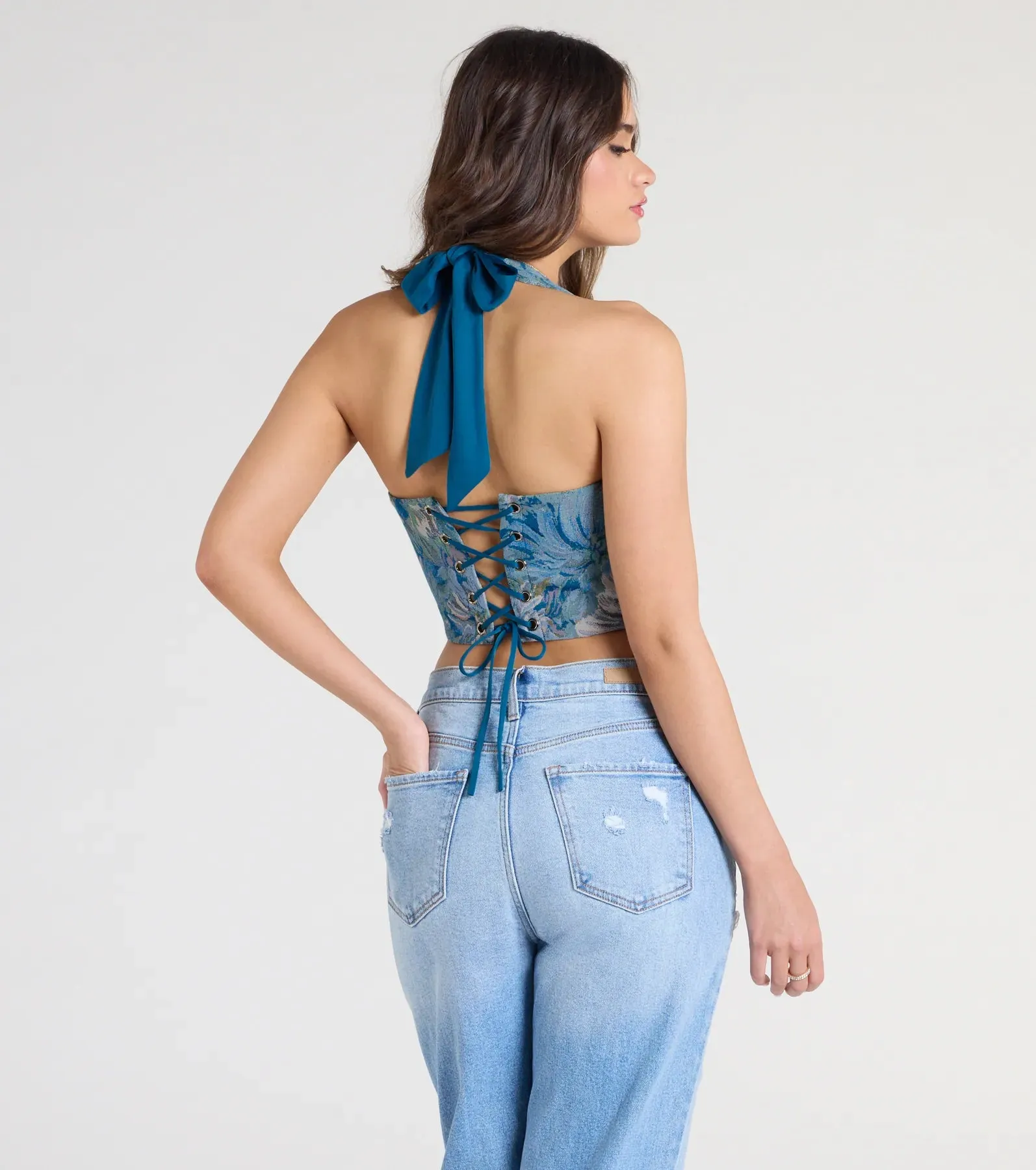 Day By Day Halter Lace-Up Tapestry Corset Top