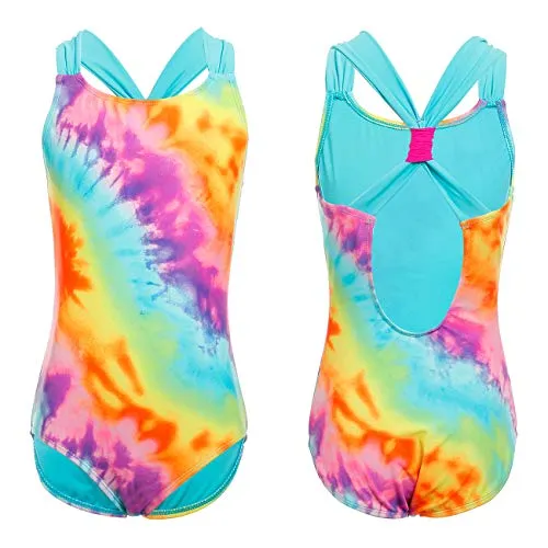 DAYU Girls‚„ Crossback One Piece Swimsuit with Swim Skirt, Blue Tie-dye, Size 10-12