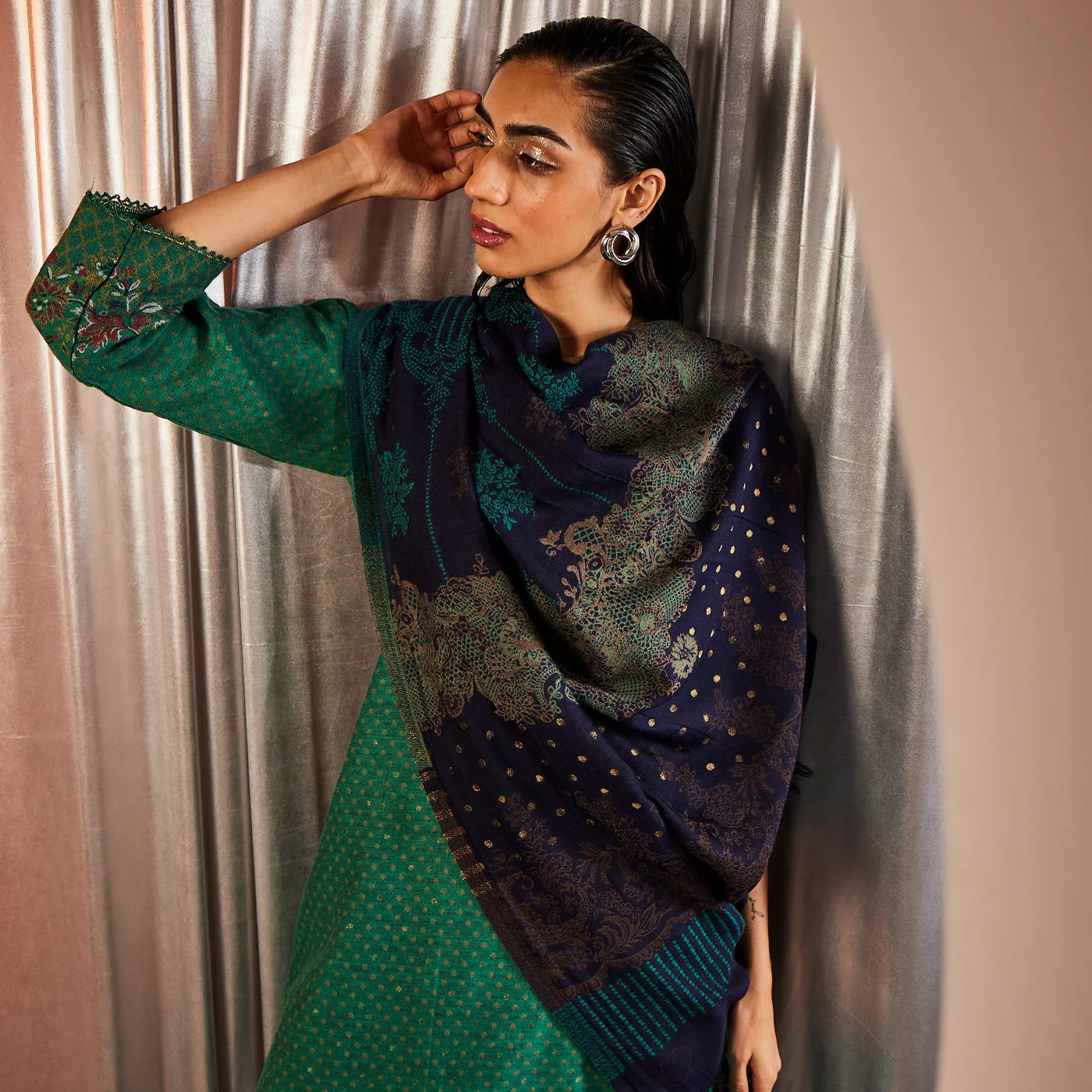 Doris Navy Woven Design Woolen Shawl