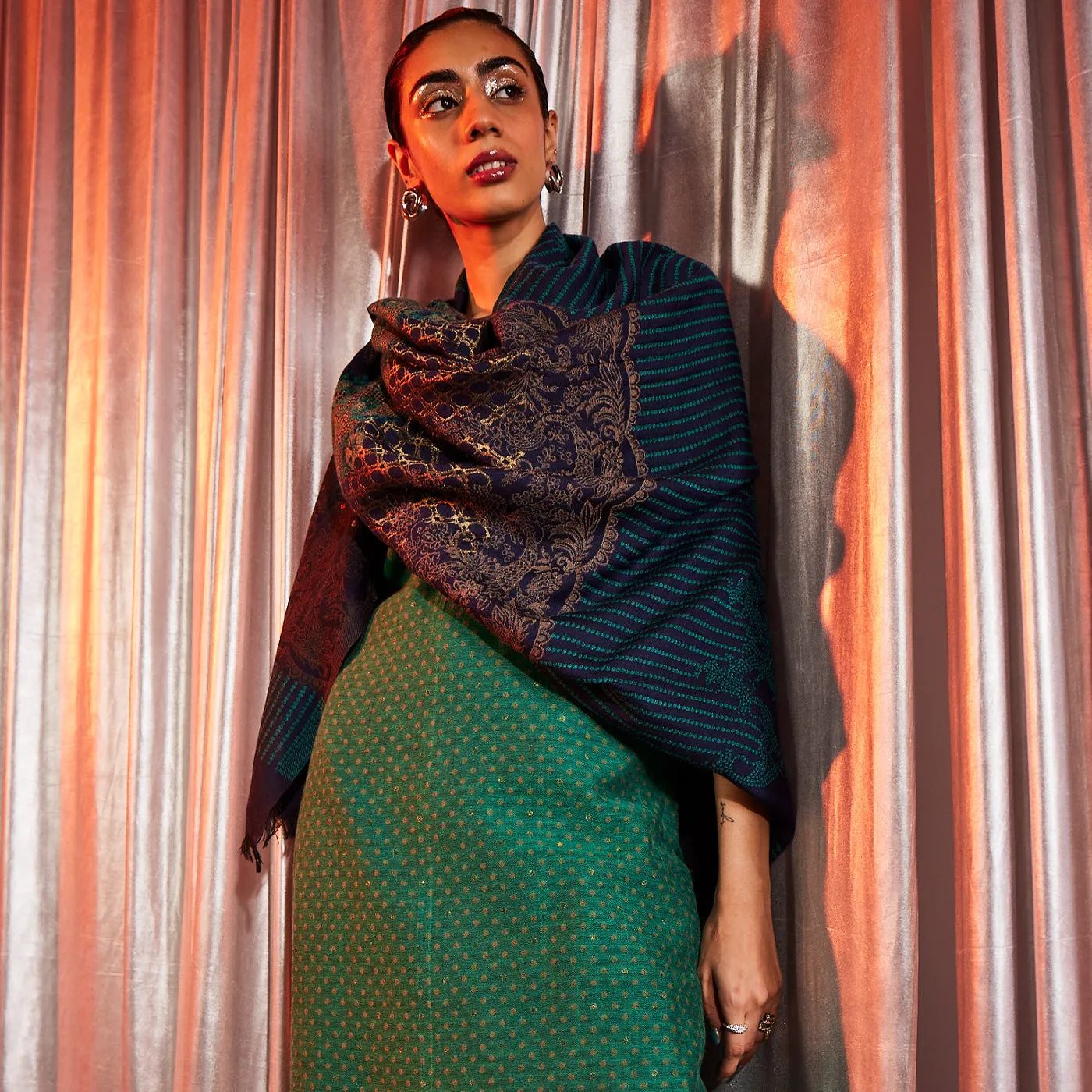 Doris Navy Woven Design Woolen Shawl