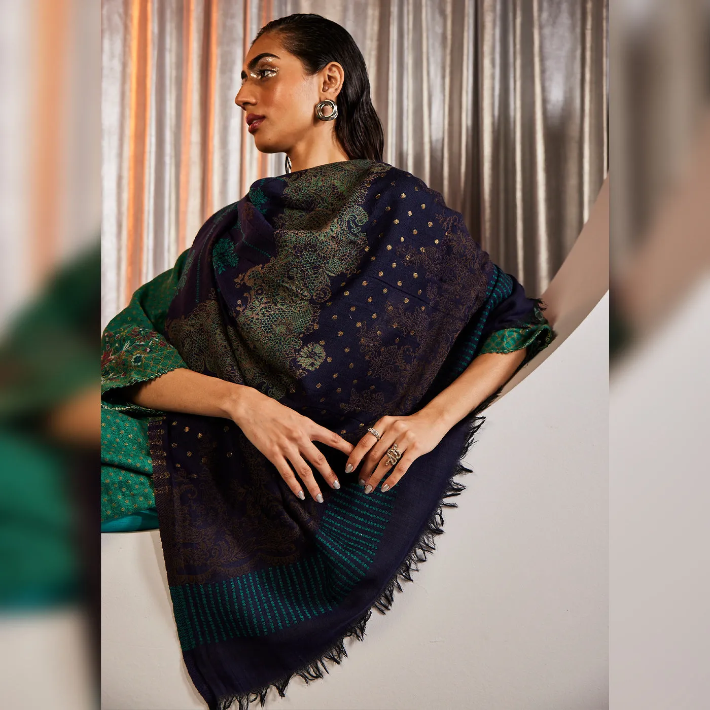 Doris Navy Woven Design Woolen Shawl