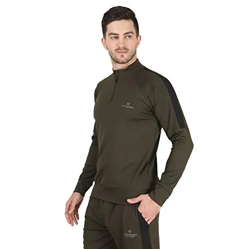 Dpassion 4 Way Lycra Slim Fit Trending Casual and Gym Wear Tracksuit for Men (Olive Green; large)