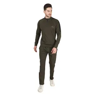 Dpassion 4 Way Lycra Slim Fit Trending Casual and Gym Wear Tracksuit for Men (Olive Green; large)