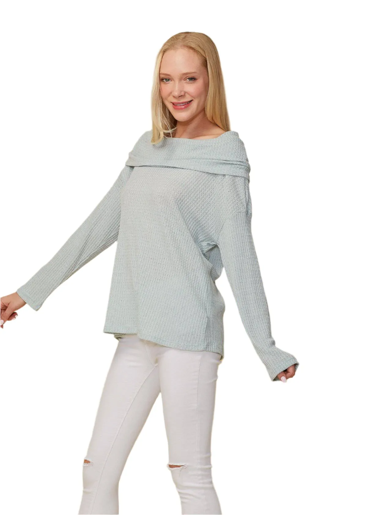 Draped Cowl Neck Drop Shoulder Top in Dusty Blue