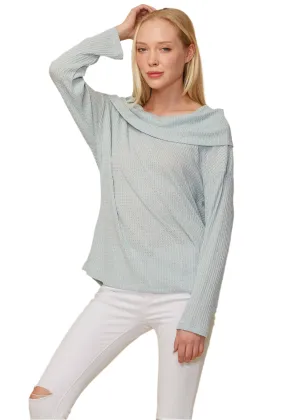 Draped Cowl Neck Drop Shoulder Top in Dusty Blue