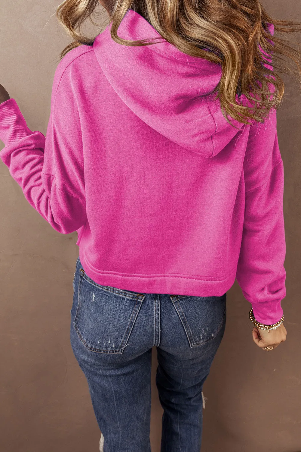 Drop Shoulder Drawstring Cropped Hoodie