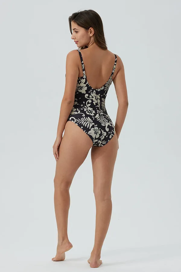 ECUPPER Ruched Vintage Floral Slimming Sexy One Piece Swimsuit