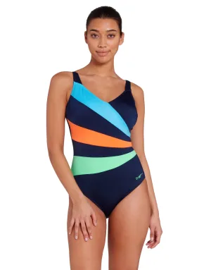 Elegance Wrap Panel Classicback Swimsuit - Blue/Orange/Green