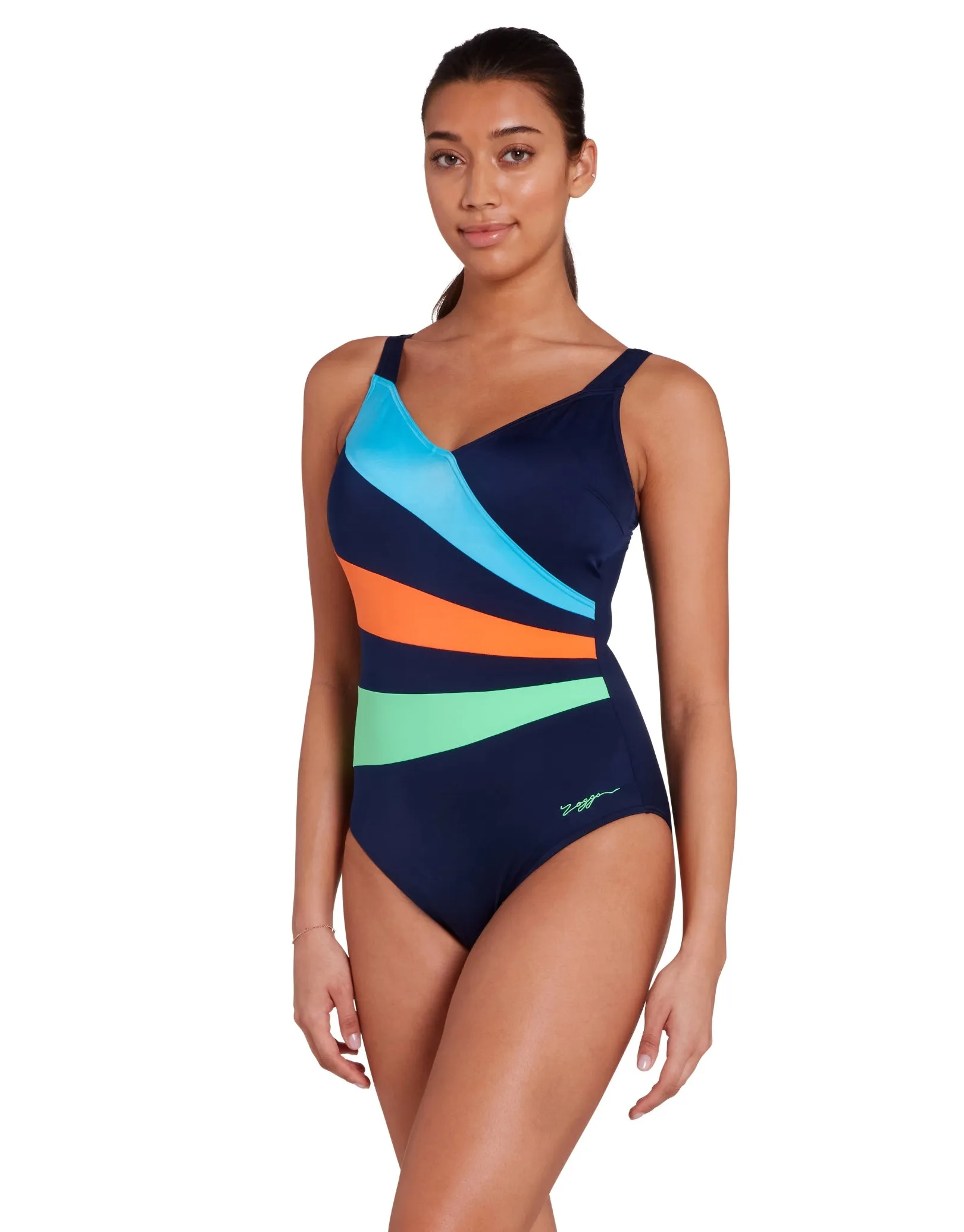 Elegance Wrap Panel Classicback Swimsuit - Blue/Orange/Green