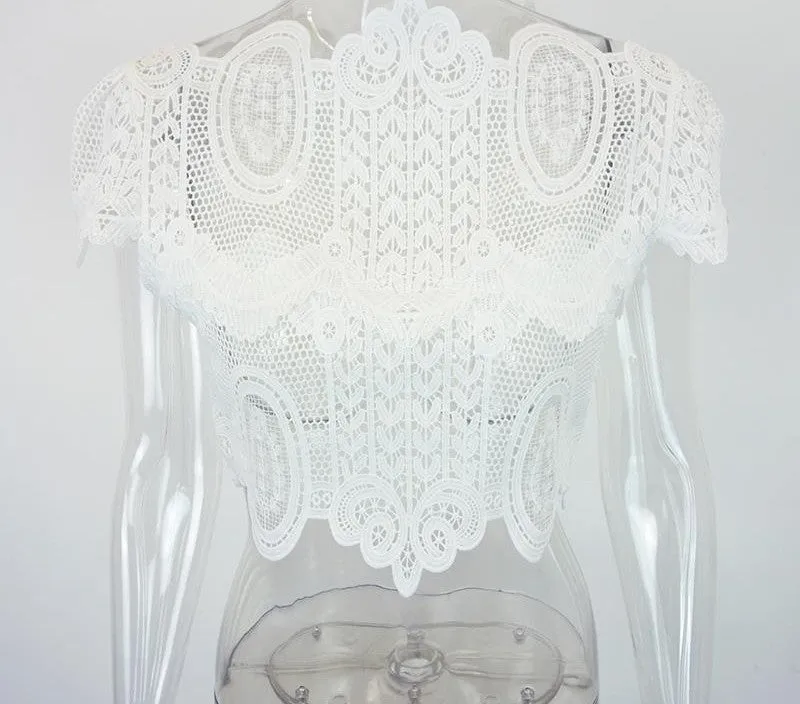 elegant black lace crochet crop top Girls short sleeve white blouse Women sexy hollow out tank tops
