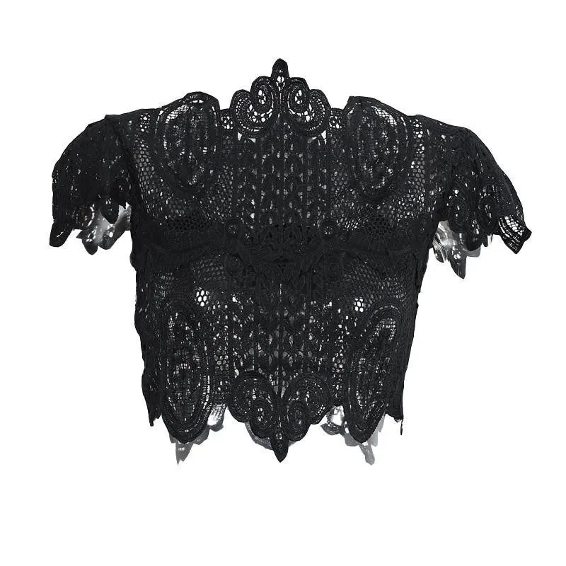 elegant black lace crochet crop top Girls short sleeve white blouse Women sexy hollow out tank tops