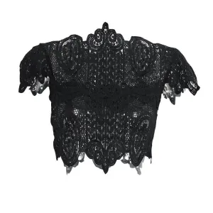 elegant black lace crochet crop top Girls short sleeve white blouse Women sexy hollow out tank tops