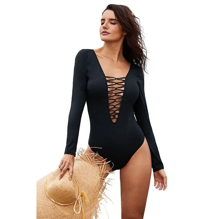 Elegant Crossed Long-Sleeved Charm One-Piece Swimsuit