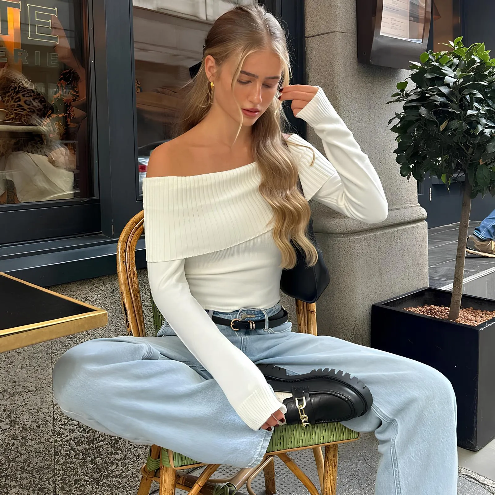 Elegant Slash-Neck Ribbed Crop Top – Effortlessly Chic & Feminine