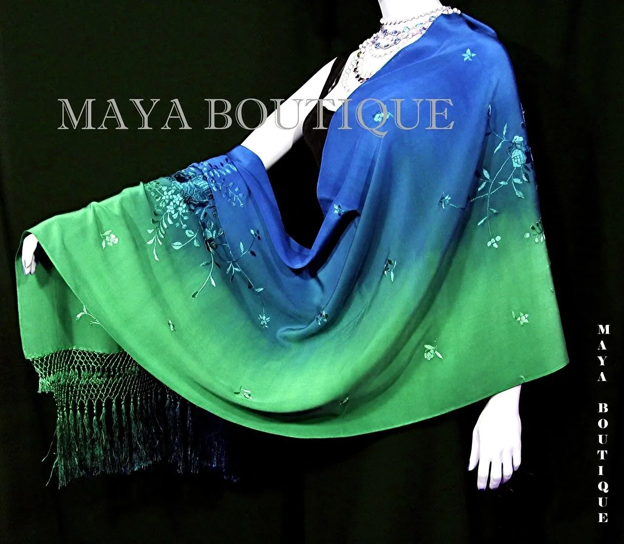 Embroidered Silk Wrap Shawl Scarf Hand Dyed Emerald & Sapphire Maya Matazaro