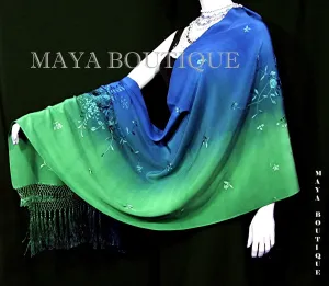 Embroidered Silk Wrap Shawl Scarf Hand Dyed Emerald & Sapphire Maya Matazaro