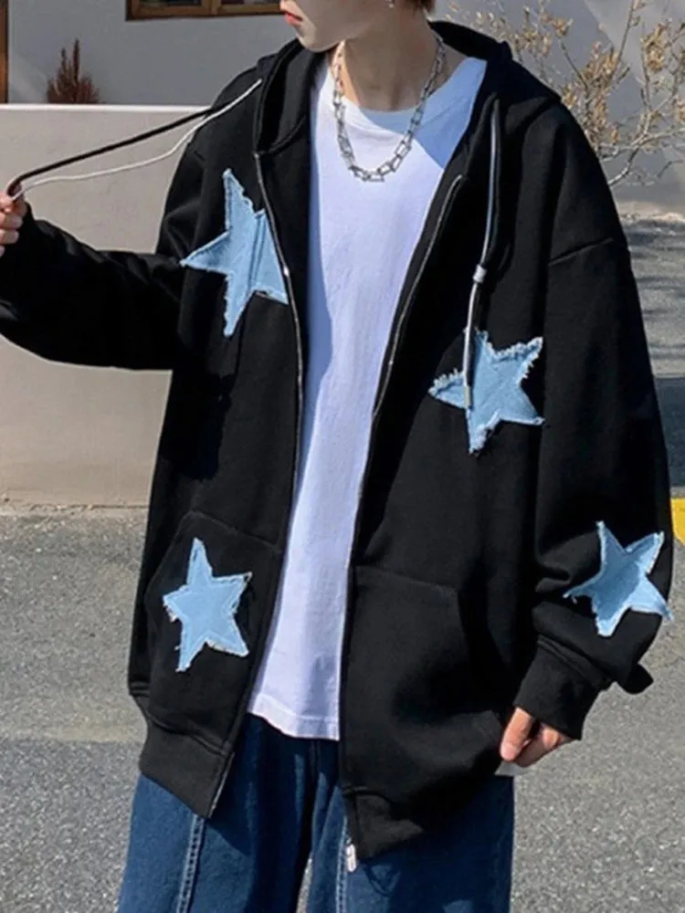 Emo Star Patch Oversized Zip-Up Hoodie – Y2K Vintage Streetwear