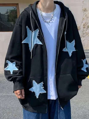 Emo Star Patch Oversized Zip-Up Hoodie – Y2K Vintage Streetwear