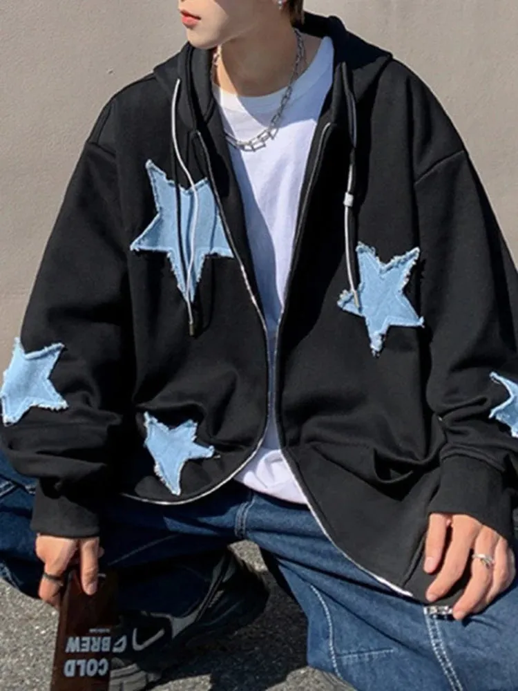 Emo Star Patch Oversized Zip-Up Hoodie – Y2K Vintage Streetwear