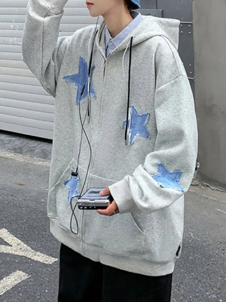 Emo Star Patch Oversized Zip-Up Hoodie – Y2K Vintage Streetwear