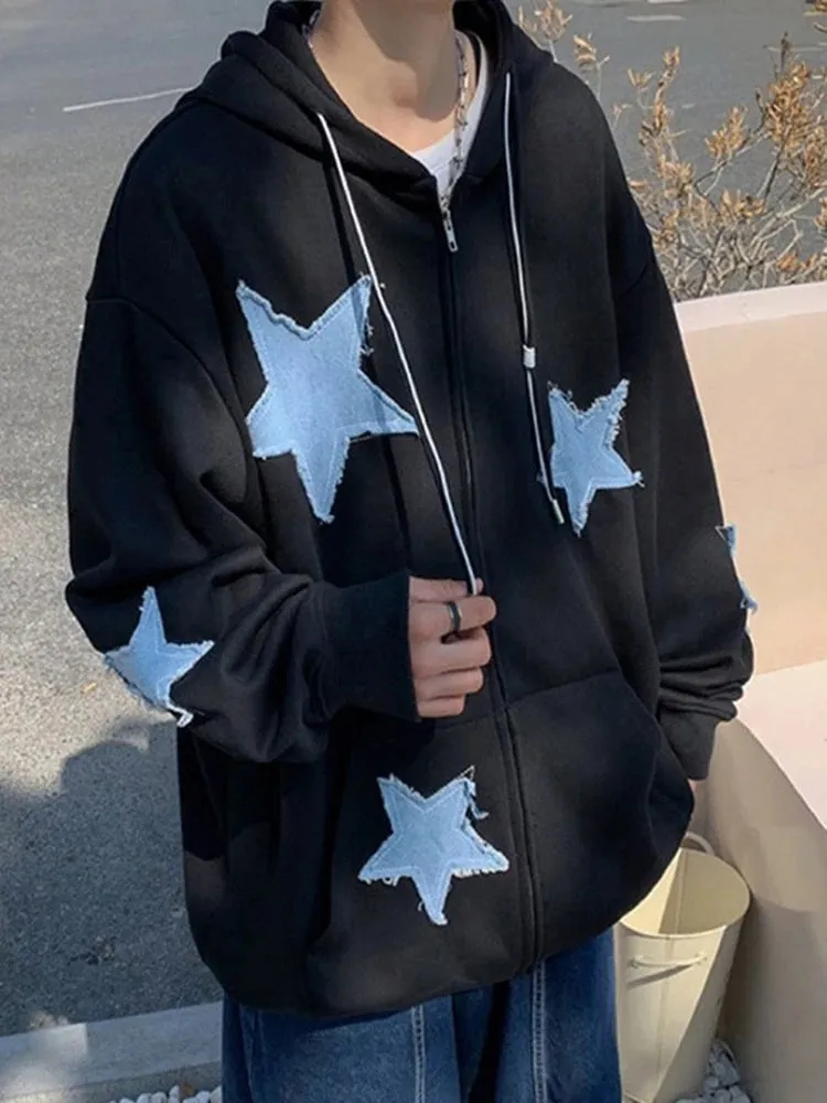 Emo Star Patch Oversized Zip-Up Hoodie – Y2K Vintage Streetwear